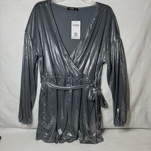NWT YOINS Silver Metallic Knit Long‎ Sleeve Romper Jumpsuit Womens Size XL
